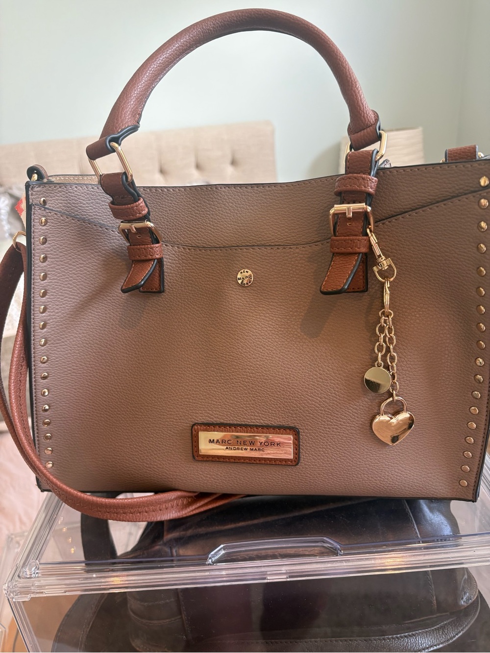 Marc New York Brown Taupe Leather Satchel with Gold Charm